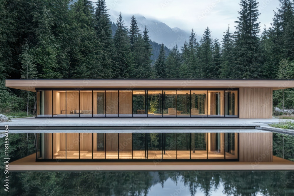 A minimalist mountain lodge with a flat roof, wooden fa? section ades, and floor-to-ceiling windows reflecting a tranquil forest A minimalist mountain lodge with a flat roof, wooden fa? section ades, and floor-to-ceiling windows reflecting a tranquil forest