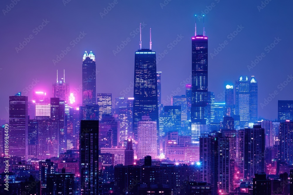 Obraz premium Vibrant urban skyline illuminated by neon hues at night showcasing the beauty of a bustling cityscape