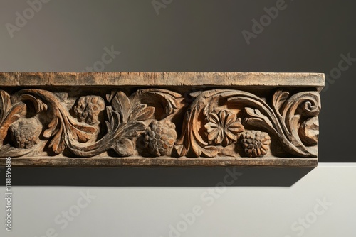 Intricate carved wooden frieze showcasing floral and leaf motifs, antique artistry. photo