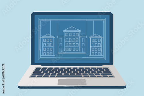 Laptop with keyboard and half moon on laptop screen in an open laptop with webcam and opened laptop vector illustration, laptop with blue keys.