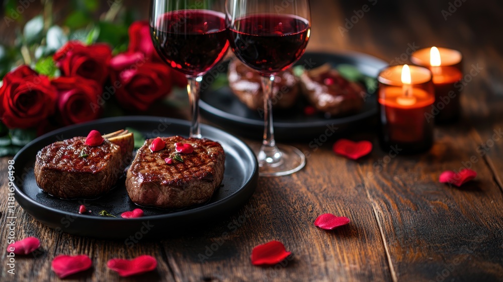 valentines day dinner, a romantic dinner with two steak plates and wine glasses on a rustic wooden table, surrounded by candles and roses, with space for text valentines day dinner, a romantic dinner with two steak plates and wine glasses on a rustic wooden table, surrounded by candles and roses, with space for text
