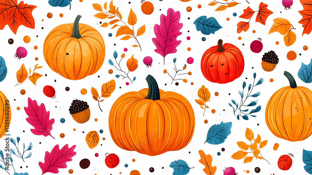Pumpkins and Colorful Autumn Leaves Create a Festive Fall Scene Pumpkins and Colorful Autumn Leaves Create a Festive Fall Scene