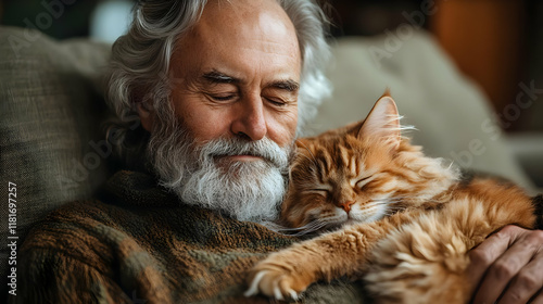 Senior Man Holds Sleeping G...