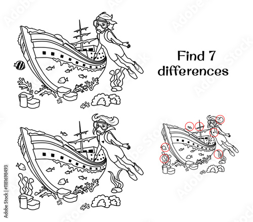 Girl diving, sunken ship. Find 7 differences. Tasks for kids. Vector illustration