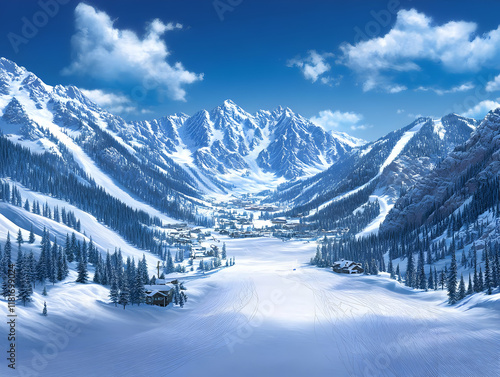 Snowy Mountain Village Illustration