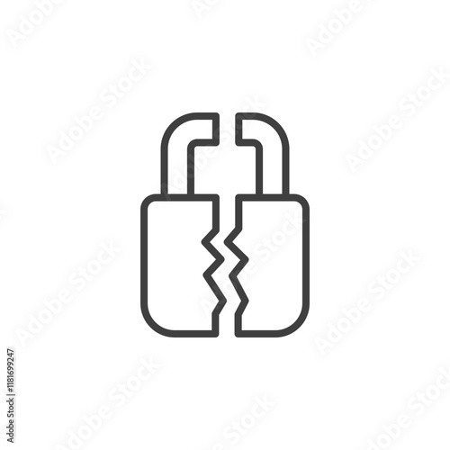 Broken lock line icon. Simple outline style. Unlock, crack, padlock, break, free, chain, code, security, fail, technology concept. Vector design illustration isolated. SVG