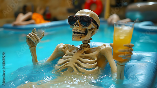 Skeleton Relaxes in Pool wi...