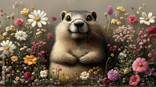 Groundhog Sits Among Colorf...