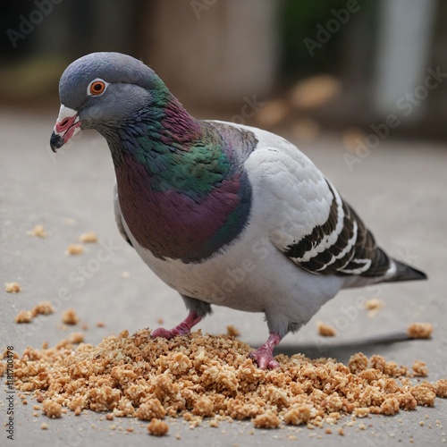 A cartoon pigeon eating breadcrumbs, clear background.