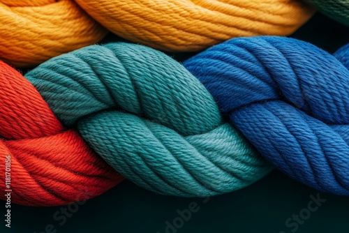 Colorful Twisted Yarn Bundles Displaying Vibrant Shades of Red, Green, Blue, Yellow for Crafting, Knitting, and Textile Projects photo