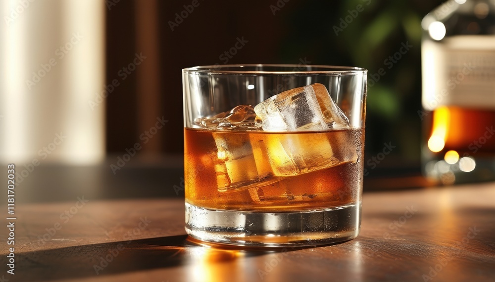 Whiskey in glass with ice and copy space for beverage design Whiskey in glass with ice and copy space for beverage design