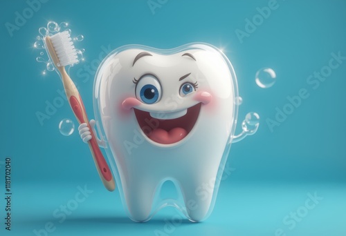 Happy tooth character holding a toothbrush on blue background.