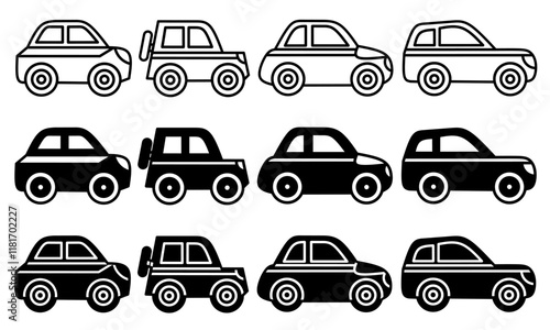 Car icon illustration collection. Black and white design icon for business. Stock vector.