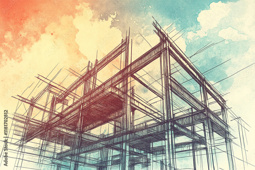 hand drawn depiction of incomplete steel structure against colorful sky hand drawn depiction of incomplete steel structure against colorful sky