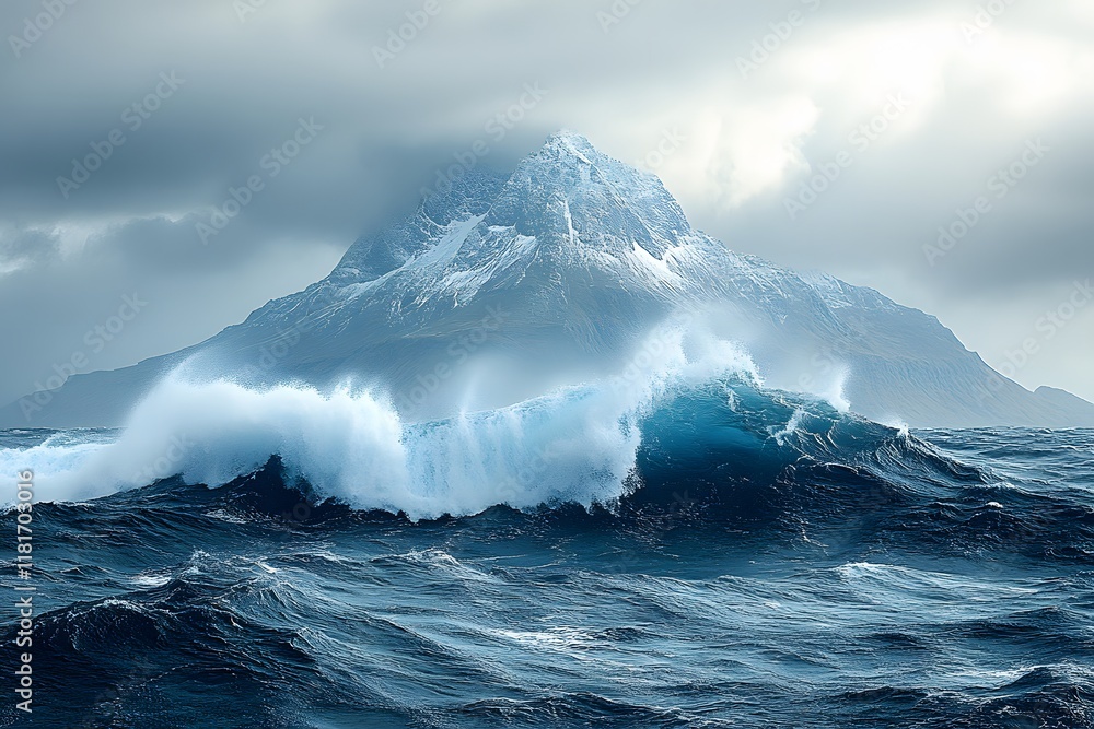 Majestic Mountain Rise Over Turbulent Ocean Waves in Stormy Weather Majestic Mountain Rise Over Turbulent Ocean Waves in Stormy Weather