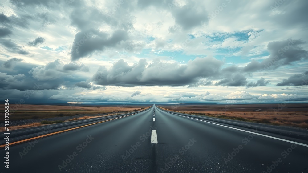 Fototapeta premium Asphalt Road Under Cloudy Sky - Dramatic Landscape
