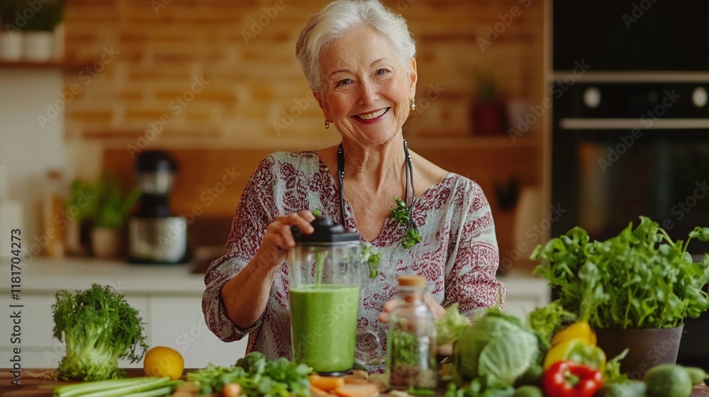 joyful elderly woman blending a green smoothie in a modern kitchen, surrounded by fresh vegetables and fruits, bright and natural lighting