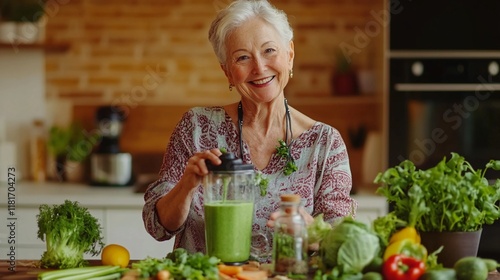 Obraz na płótnie joyful elderly woman blending a green smoothie in a modern kitchen, surrounded by fresh vegetables and fruits, bright and natural lighting w salonie