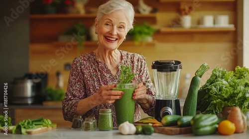 Obraz na płótnie joyful elderly woman blending a green smoothie in a modern kitchen, surrounded by fresh vegetables and fruits, bright and natural lighting w salonie