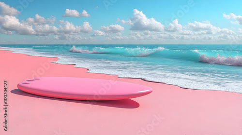 Pink Surfboard Rests on Bea...