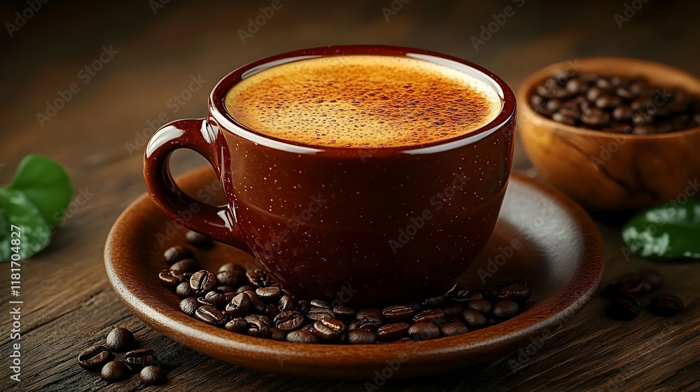 Coffee Cup Entices with Aromatic Roasted Beans on Wooden Table Coffee Cup Entices with Aromatic Roasted Beans on Wooden Table