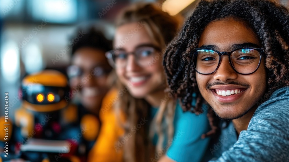 Obraz premium A cheerful group of diverse young friends collaborating on a tech project featuring a friendly robot, highlighting teamwork and creativity in a bright educational setting.