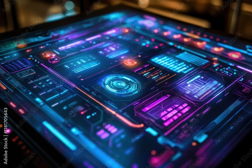 Futuristic digital display showcasing vibrant graphics and intricate circuitry in a high-tech environment Futuristic digital display showcasing vibrant graphics and intricate circuitry in a high-tech environment