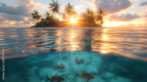 Tropical Island Sunset Meets Underwater Fish Life at Dawn photo