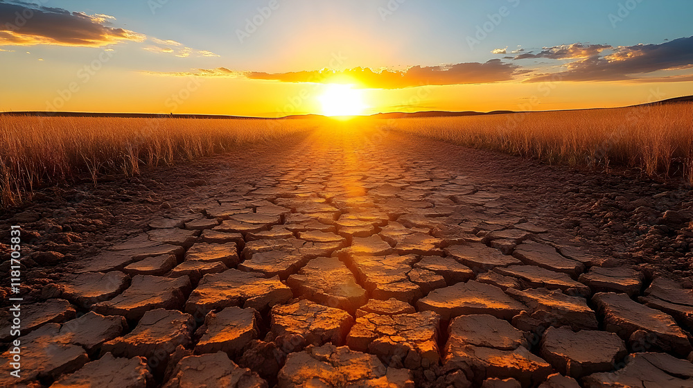 Obraz premium Dry Soil Cracks During Sunset with Golden Light in Field Beautifully