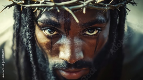 Portrait of black Jesus Christ with crown of thorns on his head. Photorealistic portrait. Close-up photo