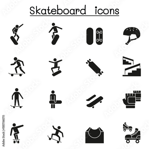 Skateboard icon set in thin line style