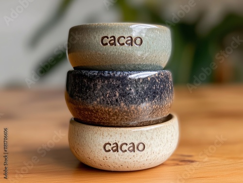 Three small, handmade round ceramic bowls with the word Cacao printed on them are stacked together, each displaying distinct earthy tones and natural textures. photo