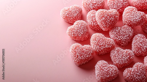 Pink Sugar Coated Heart Shaped Gummies Candy on Pink Background Valentine s Day Sweets