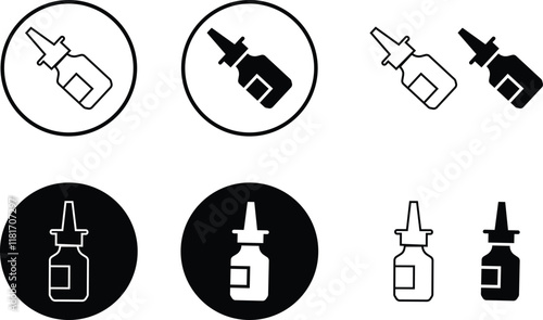 Medicine drop bottles icon set dropper and ampule realistic mockups. Vector containers of plastic and glass for eye drops and nose or nasal spray pipette or eyedropper and vial medical package design