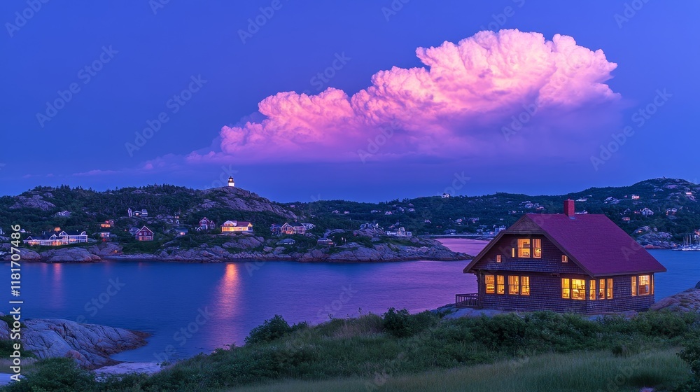 Fototapeta premium Coastal Cottage Sunset Landscape with Lighthouse and Pink Clouds