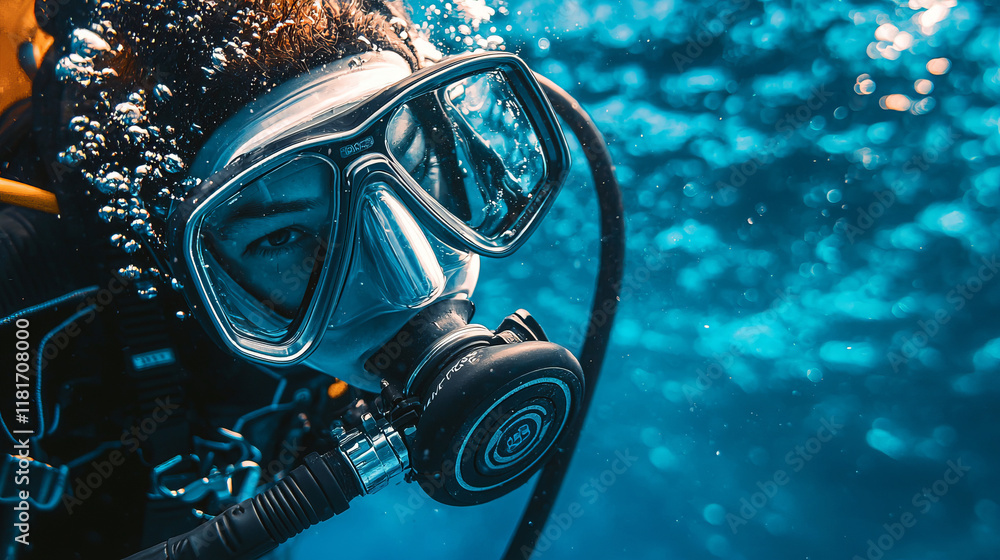 Close-up of a scuba diver underwater with bubbles and clear surroundings Close-up of a scuba diver underwater with bubbles and clear surroundings