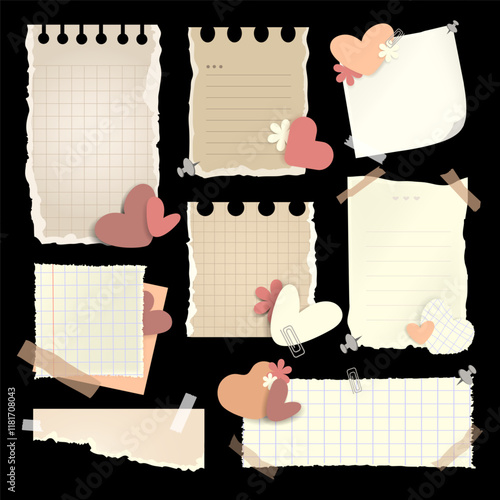 Torn old sheets notebook notes, paper cut Scrapbook elements. Realistic collage elements with hearts, scrap notebook sheet. Retro paper. Love note,memos,list. Vintage collage stickers set. Vector
