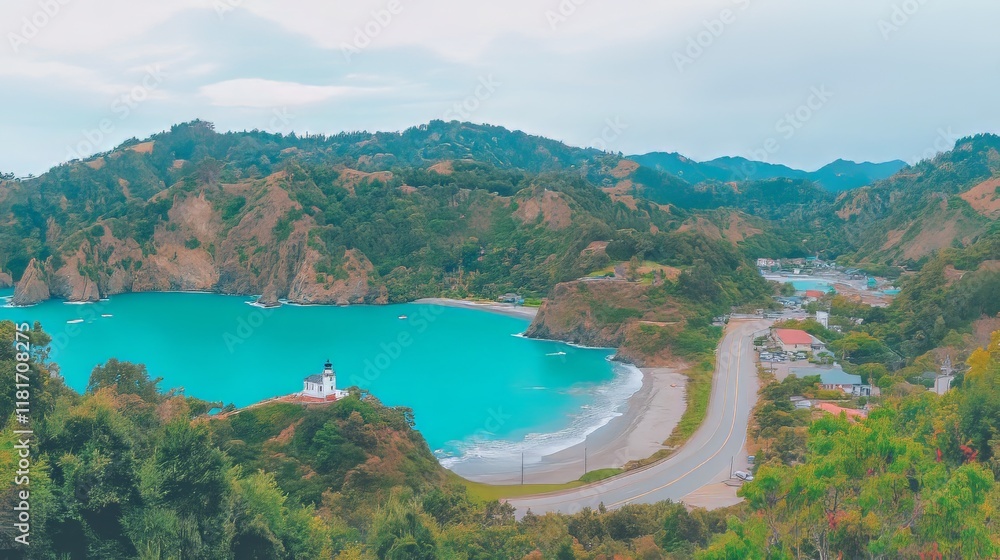 Fototapeta premium Coastal Lighthouse Scenic Overlook Turquoise Bay Highway