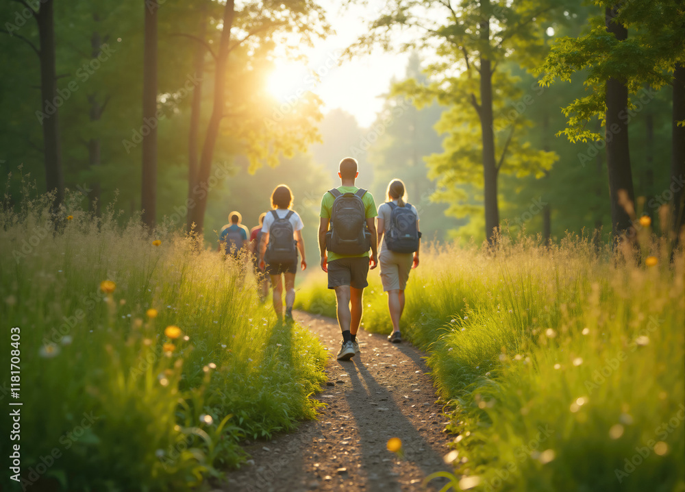 Obraz premium Group of friends hiking through forest trail at sunset