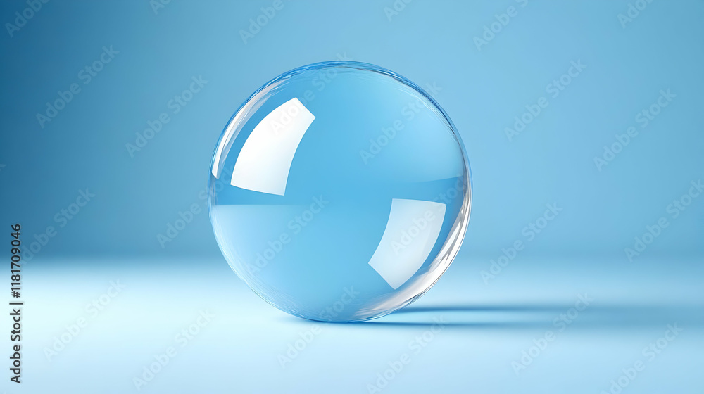 Clear Glass Sphere Reflects Light on a Blue Background Clear Glass Sphere Reflects Light on a Blue Background