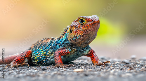 Vibrantly colored lizard basking on sunlit ground in a natural habitat photo