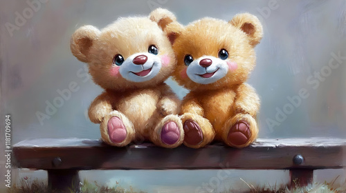 Two Teddy Bears Sit on Benc...