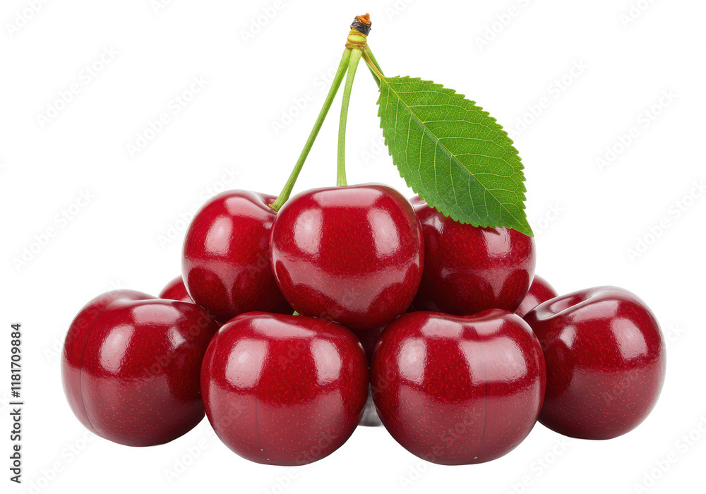Cherries with leaf isolated on white background, front view, no depth of field, sharp Cherries with leaf isolated on white background, front view, no depth of field, sharp
