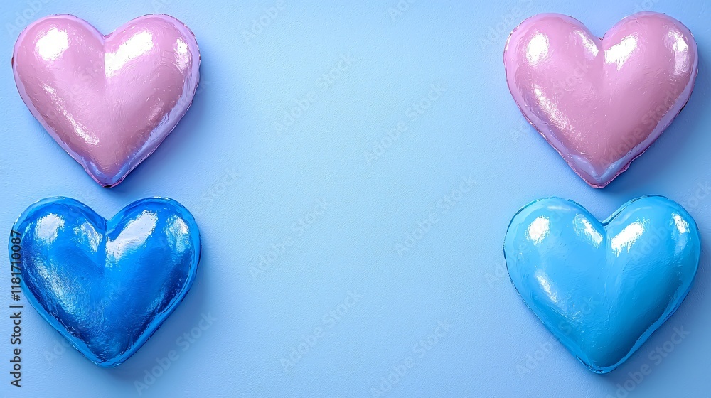 Shiny Pink and Blue Hearts on Light Blue Background Valentine s Day Love Romance Concept Shiny Pink and Blue Hearts on Light Blue Background Valentine s Day Love Romance Concept