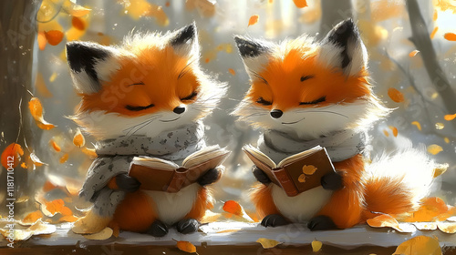 Foxes Reading Books in Autu...