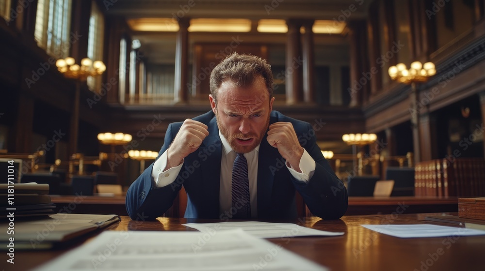 A frustrated man in a suit reacts to documents in a courtroom setting. A frustrated man in a suit reacts to documents in a courtroom setting.