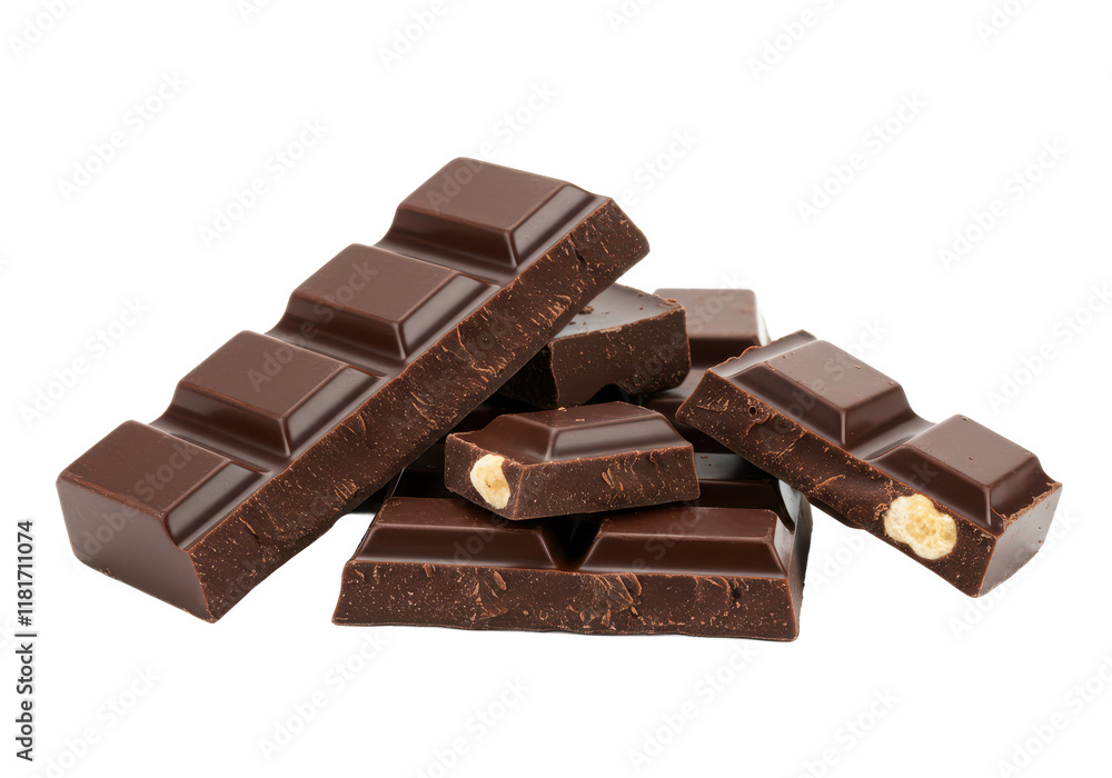 Dark chocolate blocks and bieces isolated on white background, front view, no depth of field, sharp Dark chocolate blocks and bieces isolated on white background, front view, no depth of field, sharp