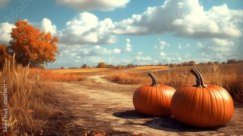 Pumpkins Rest on a Dirt Roa...