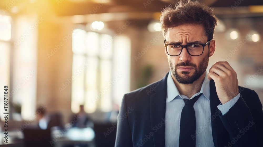 Fototapeta premium A man in a suit looks concerned, standing in a modern office environment.
