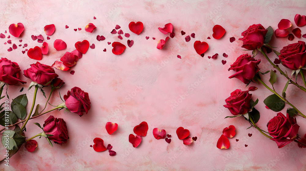 Valentine’s Romantic Pink Background with Roses and Petals Valentine’s Romantic Pink Background with Roses and Petals